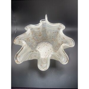 Italian Glass Art Centerpiece Bowl Swirl White Gold Speckle Ruffle Edge